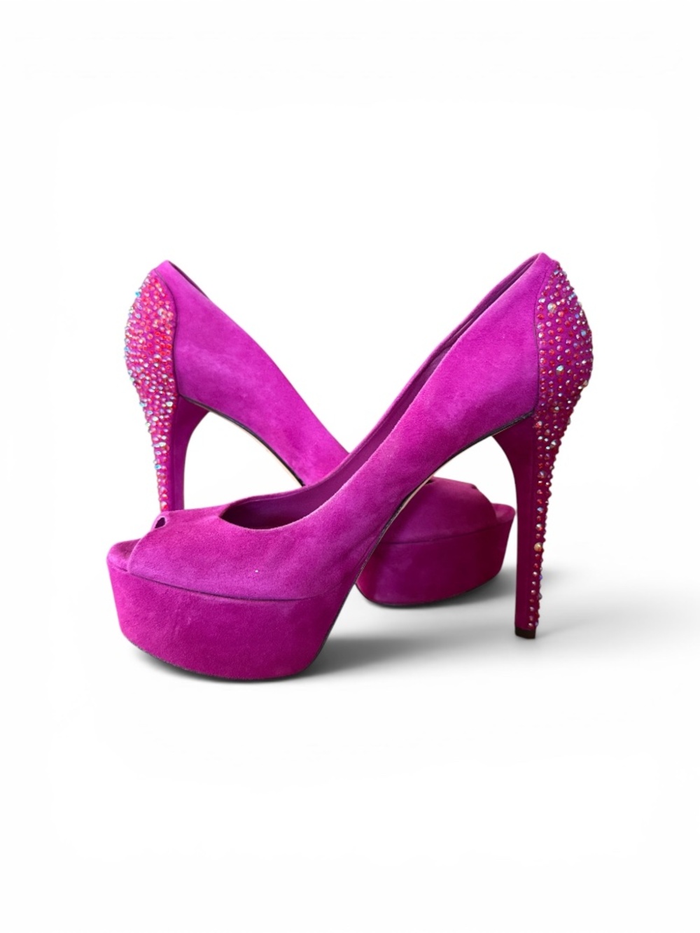 Brian Atwood “Baccina” magenta suede pumps with crystal heels